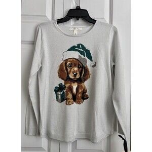 EMALINE WOMENS SWEATER LIGHTWEIGHT GRAY METALLIC DOG CHRISTMAS PRINT PULLON